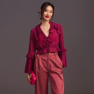 Anthropologie Sheer V-Neck Blouse in Pink (NWT)